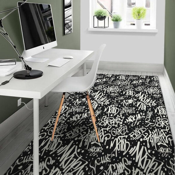 White And Black Graffiti Doodle Text Print Sillvela Area Rug