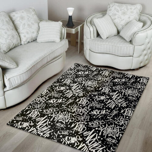 White And Black Graffiti Doodle Text Print Sillvela Area Rug