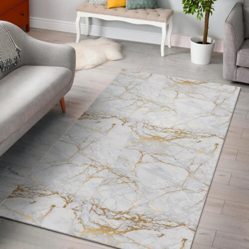 White Gold Marble Pattern Print Sillvela Area Rug