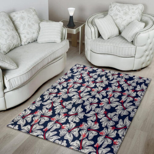 White Hibiscus Tropical Floral Hawaiian Print Sillvela Area Rug