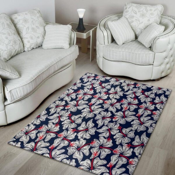 White Hibiscus Tropical Floral Hawaiian Print Sillvela Area Rug