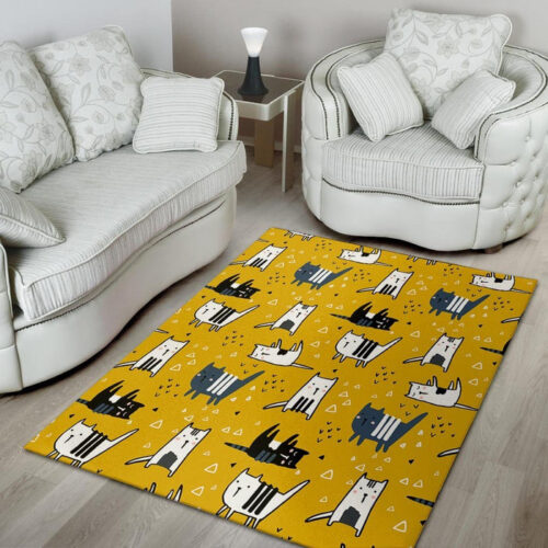 Yellow Doodle Cat Print Sillvela Area Rug