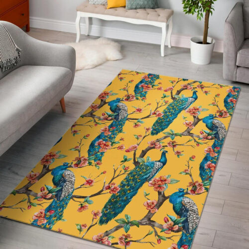 Yellow Peacock Floral Pattern Print Sillvela Area Rug