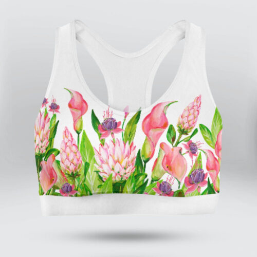 Pink Protea and Green Leaves Sports Bra for Women