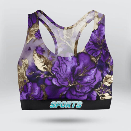 Purple Glitter Marble Floral Sports Bra for Women