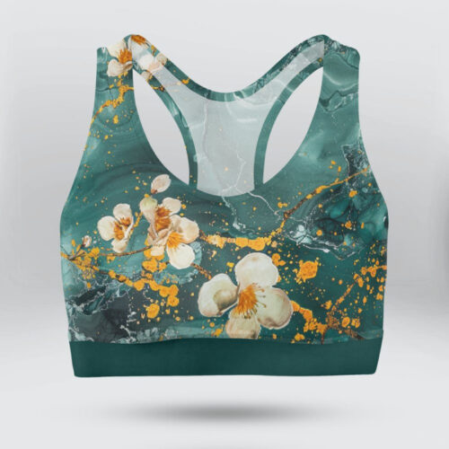 Floral Marble On Green Background Sports Bra for Women