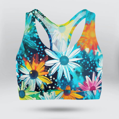 Tie Dye Daisy Flowers and Snow Sports Bra for Women