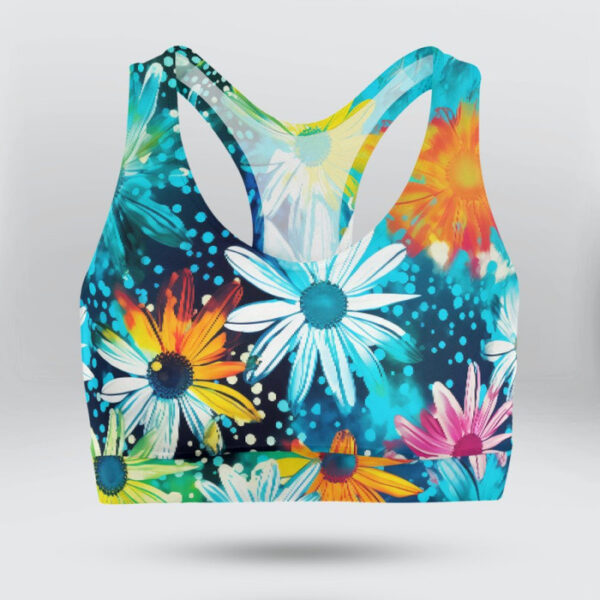 Tie Dye Daisy Flowers and Snow Sports Bra for Women