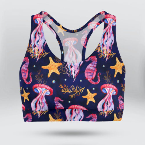 Fun Summer Beach with Marine Plants Sports Bra for Women