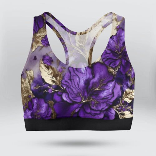 Purple Glitter Marble Floral Sports Bra for Women