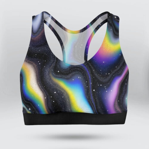 Holographic Black White Glitter Black Background Sports Bra for Women